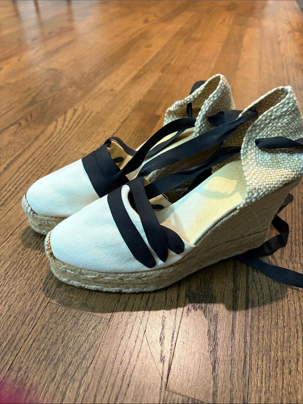 Castaner size 7 Cream Canvas Espadrille Wedges with Black Ribbon Ties